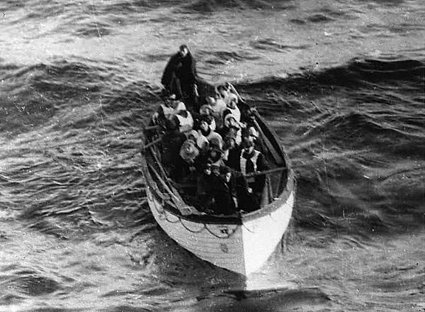 Titanic lifeboat number 6 photographed as she approached Carpathia.
