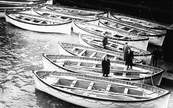 Titanic lifeboats at the White Star Line berth in New York, where they were deposited from Carpathia.