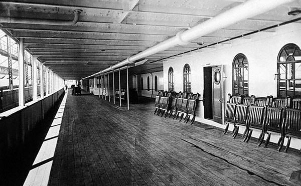 A photograph of the Promenade (A) Deck of the Titanic.